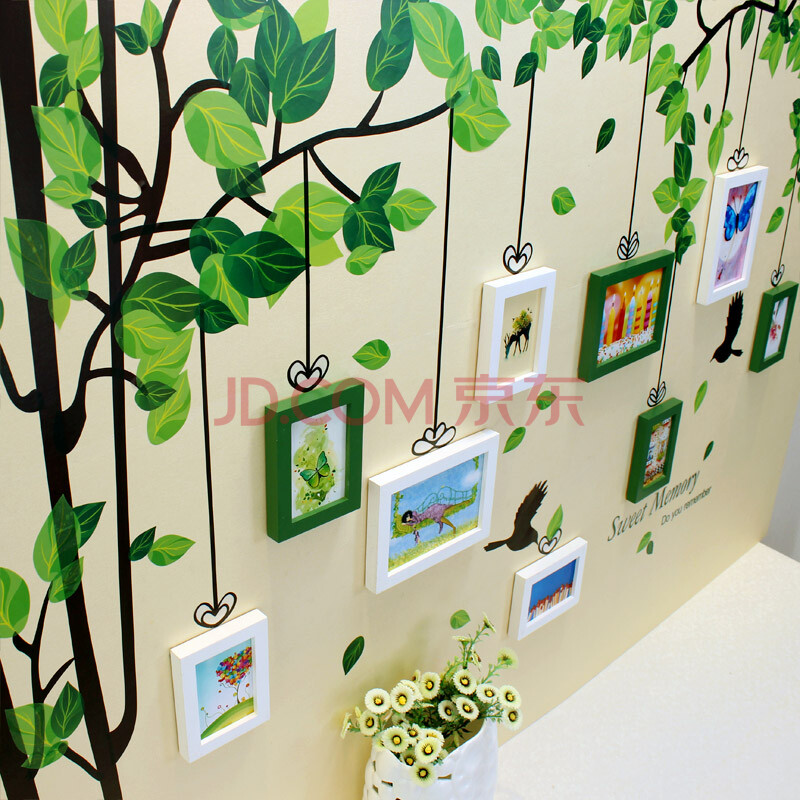 实木照片墙 客厅卧室餐厅书房绿林飞鸟相框墙 创意装饰画组合 相片墙