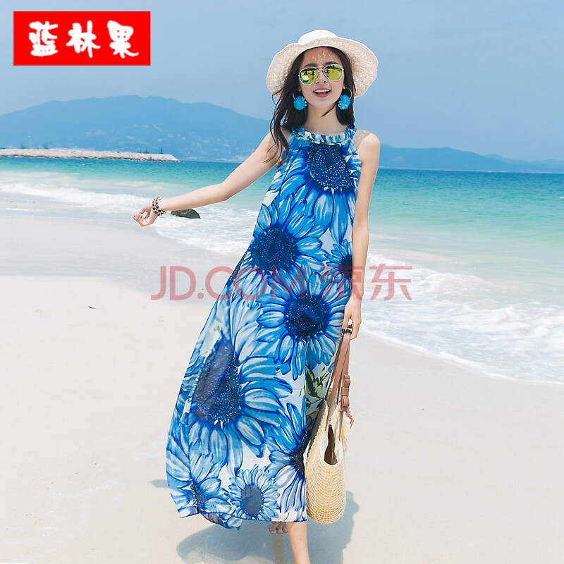蓝林果2016沙滩裙夏雪纺印花大码显瘦海边度假长裙波西米亚连衣裙