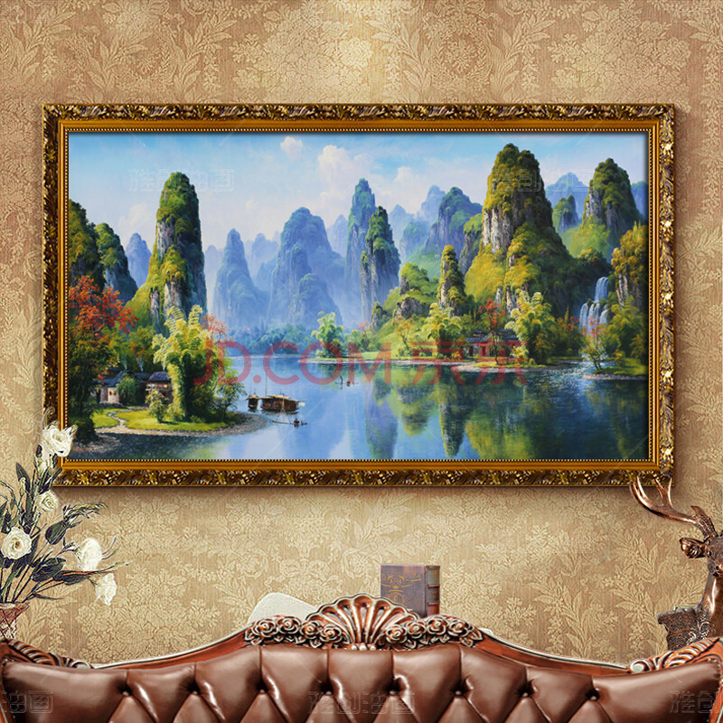 手绘欧式油画客厅装饰画现代客厅壁画有框画客厅挂画山水别墅风景