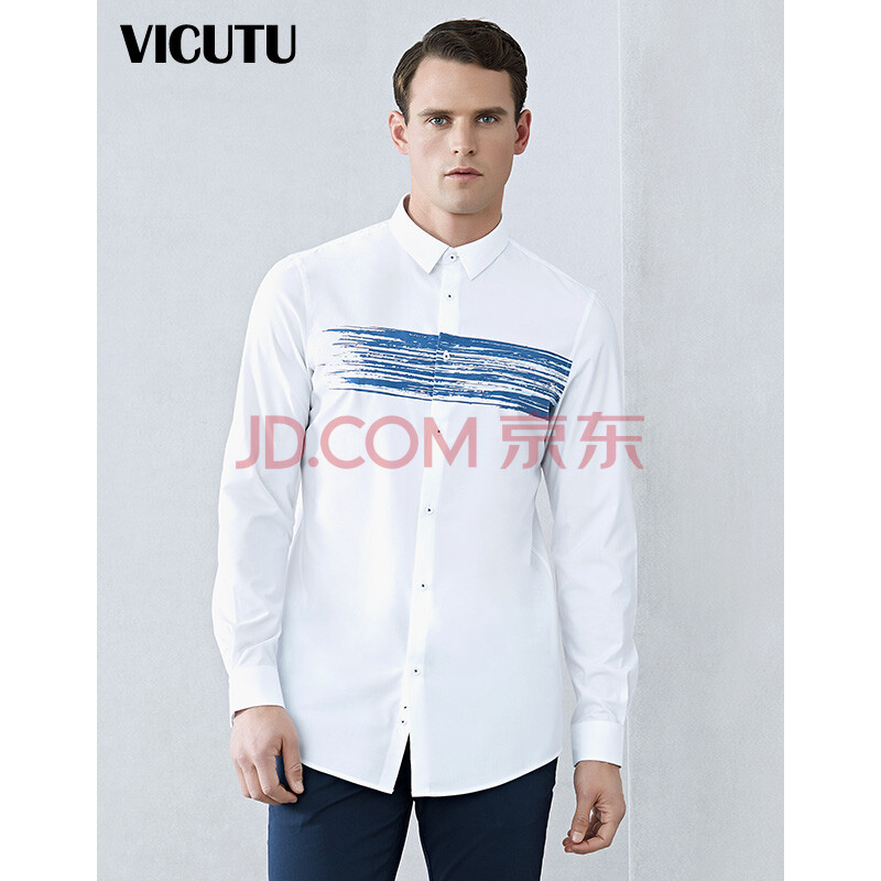 威可多VICUTU男士長袖襯衫時尚休閑海岸印花修身襯衣VRW17151637 白色 180/96A-42
