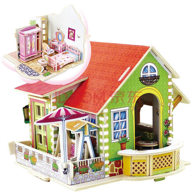 若态科技3d立体拼图木质拼装模型小屋别墅小房子儿童益智玩具 梦幻
