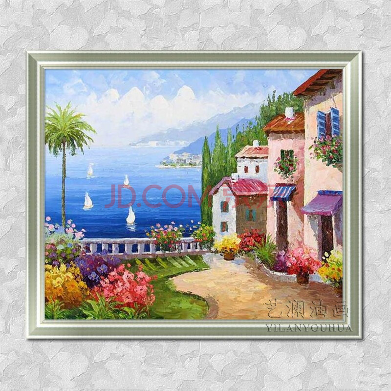 艺澜艺澜蓝天大海边建筑 纯手绘立体油画 风景地中海装饰墙壁挂画dh10