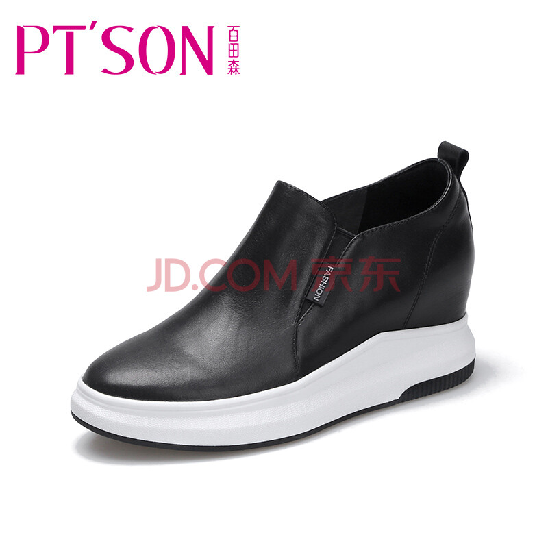 PTSON/百田森專柜同款牛皮樂福鞋女17秋新款內增高松糕厚底女單鞋PYQ78113 黑色 37
