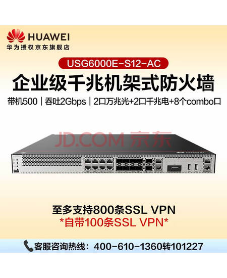 华为坤灵USG6000E-S12-AC企业级防火墙2*GERJ45+8*GECOMBO+2*10GESFP+ VPN安全100带机量办公室云管理