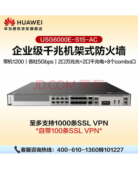 华为坤灵USG6000E-S15-AC企业级防火墙2*GERJ45+8*GECOMBO+2*10GESFP+ VPN安全100带机量办公室云管理