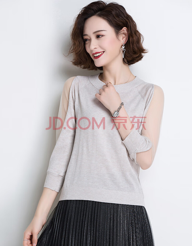 娜织冰丝针织短袖t恤女夏装2020年新款中袖网纱时上衣七分袖小衫 米