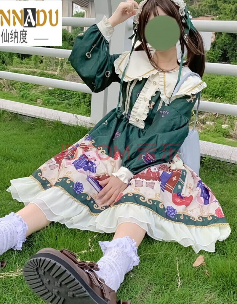 洛丽塔原创lolita日系甜美小熊印花软妹裙op长袖荷叶边连衣裙女秋萝莉