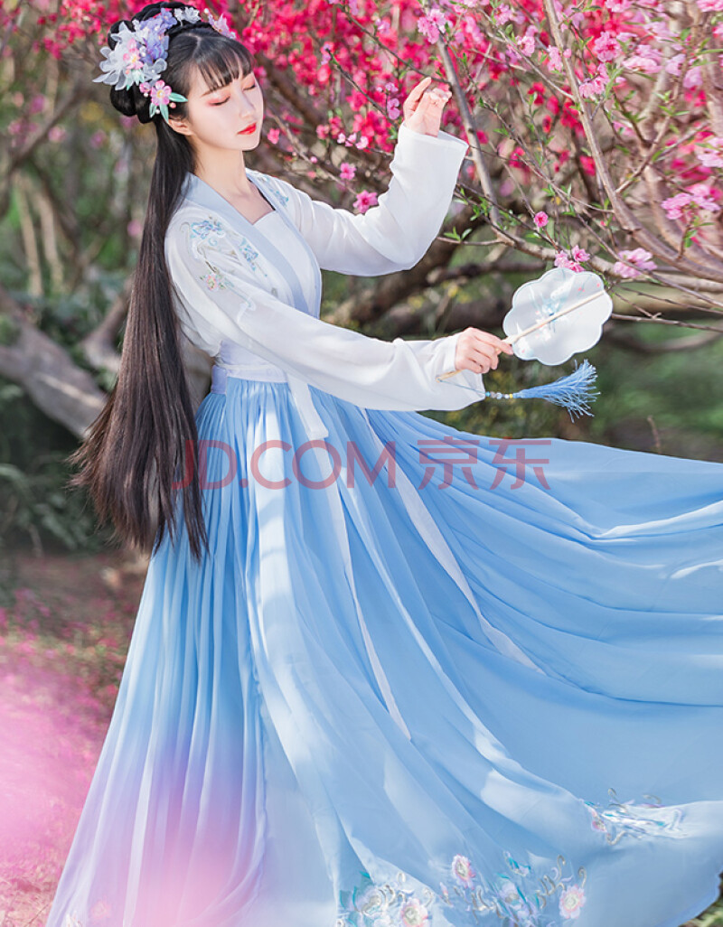 中国风对襟齐腰襦裙全套大袖衫秋冬非古装 上衣 吊带 蓝色齐腰襦裙3米