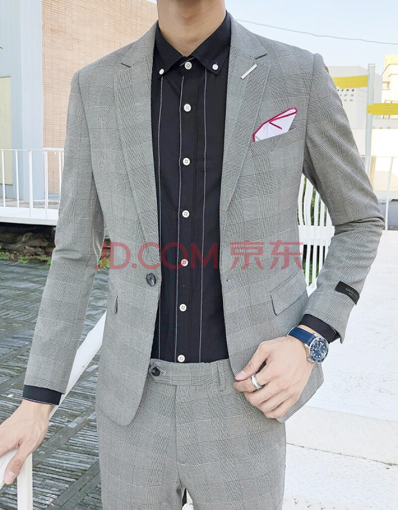 古蒂枫奇 暗纹格子西服套装男修身新郎伴郎礼服商务正装韩版潮流帅气