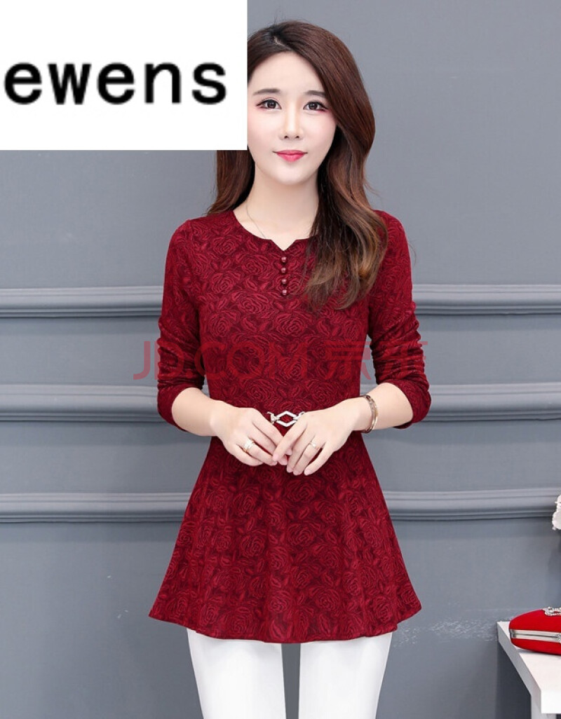 【katiewens旗舰官方店】女2020装新款长袖洋气中长款气质领打底衫 酒