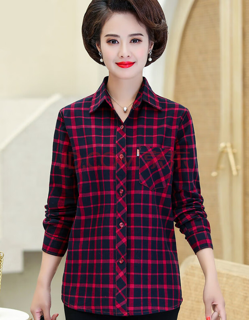 加肥加大胖妈妈长袖衬衫中老年棉女春秋棉格子衬衣中年秋装大码女装