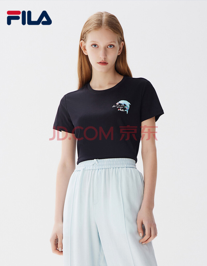 fila 斐乐女装官方女士短袖t恤2021年夏季新款圆领运动上衣t恤 正黑色