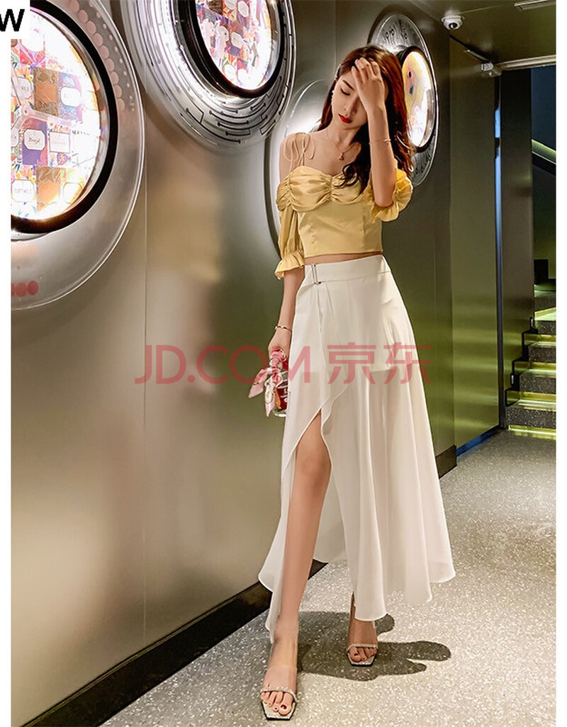 欧美风性感开叉半身裙女黑色小黑裙显瘦2021夏装新款时尚雪纺过膝长裙