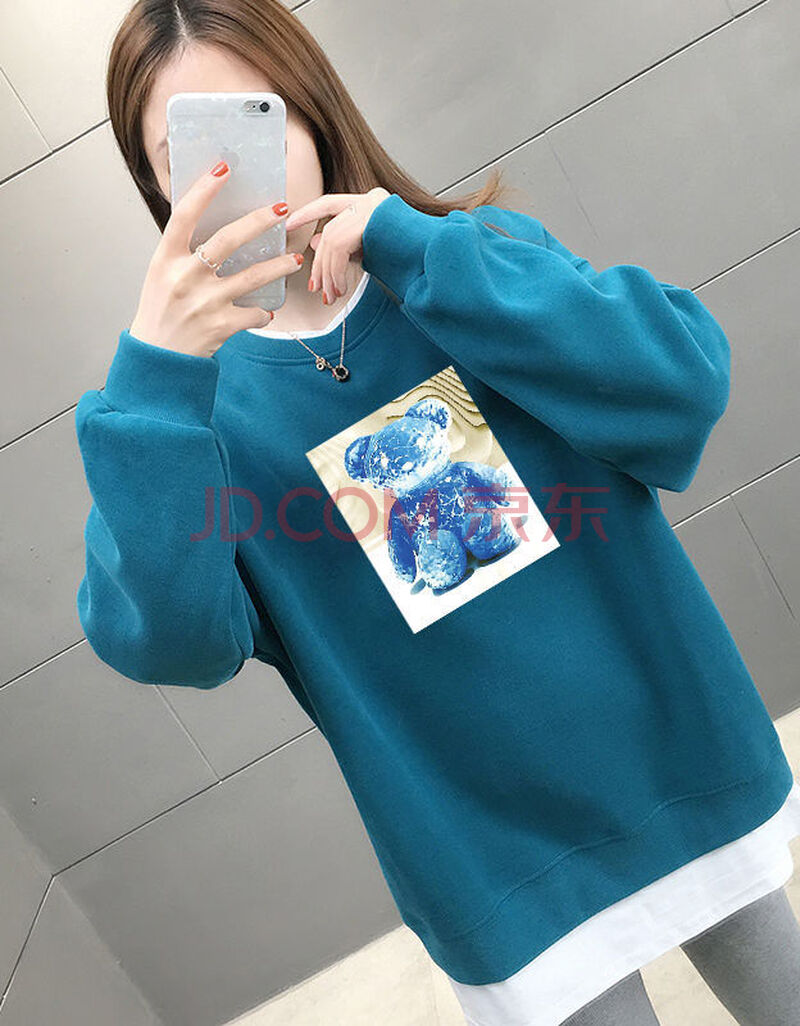 拼接假两件中长款卫衣女韩版2021春秋新款长袖宽松印花上衣潮 孔雀蓝
