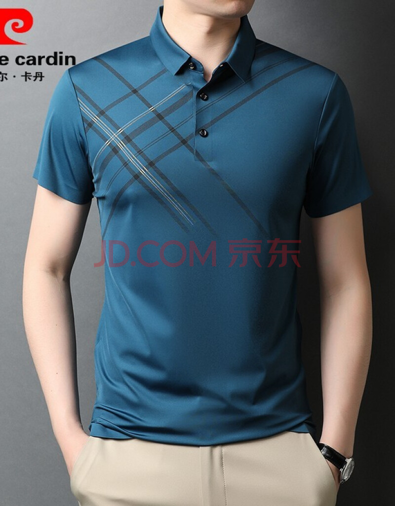 皮尔卡丹t恤男短袖中年土条纹衬衫领冰丝半截袖丅血运动上衣服有带领