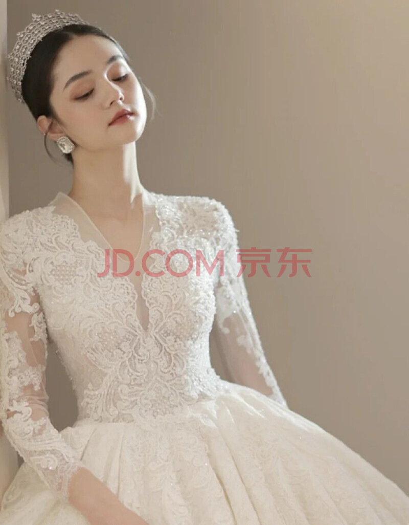 主婚纱简约大拖尾小个子宫廷风复古法式长袖宫廷风气质重工礼服婚纱