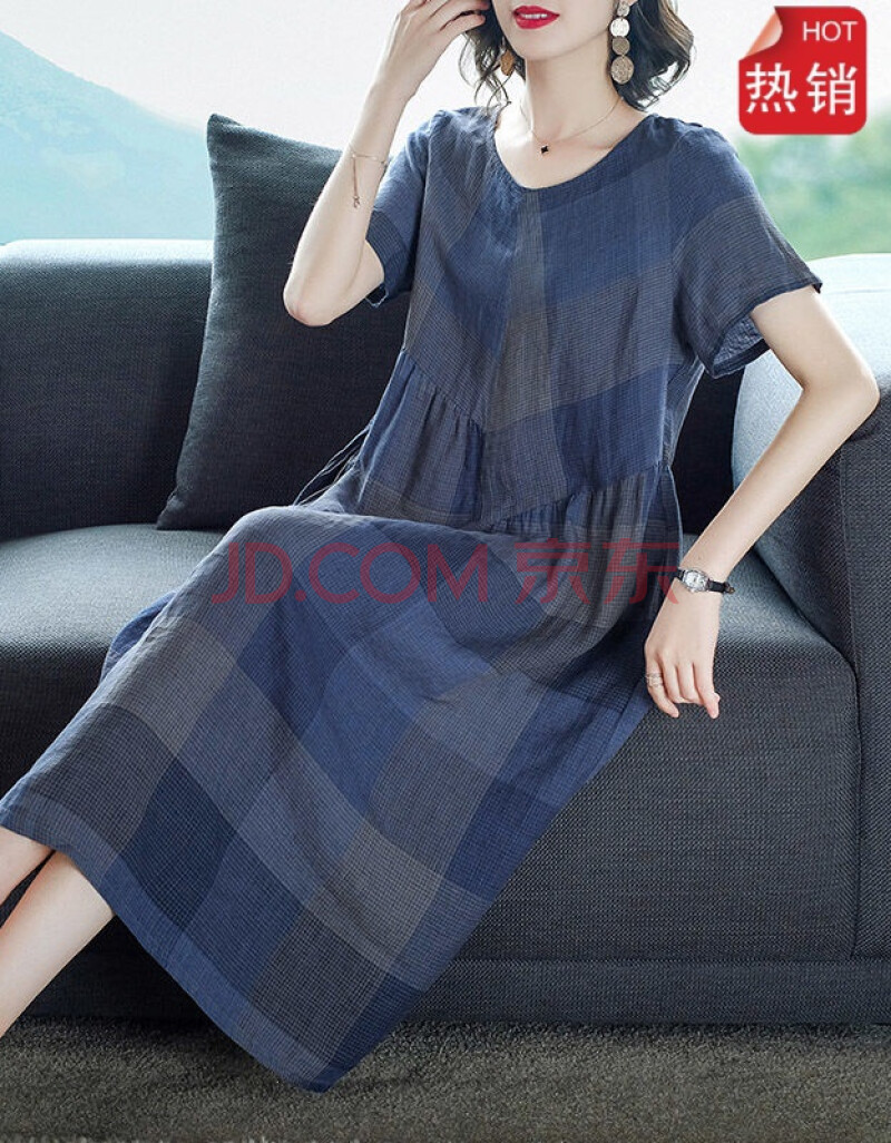 棉麻连衣裙女夏季轻奢夏装蓝色格子2021新款高端典雅宽松短袖亚麻裙子