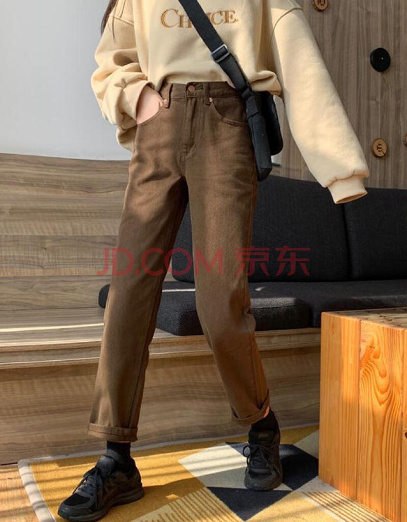 高腰显瘦直筒牛仔裤秋季2021年新款女韩版宽松阔腿休闲裤子潮 咖啡色