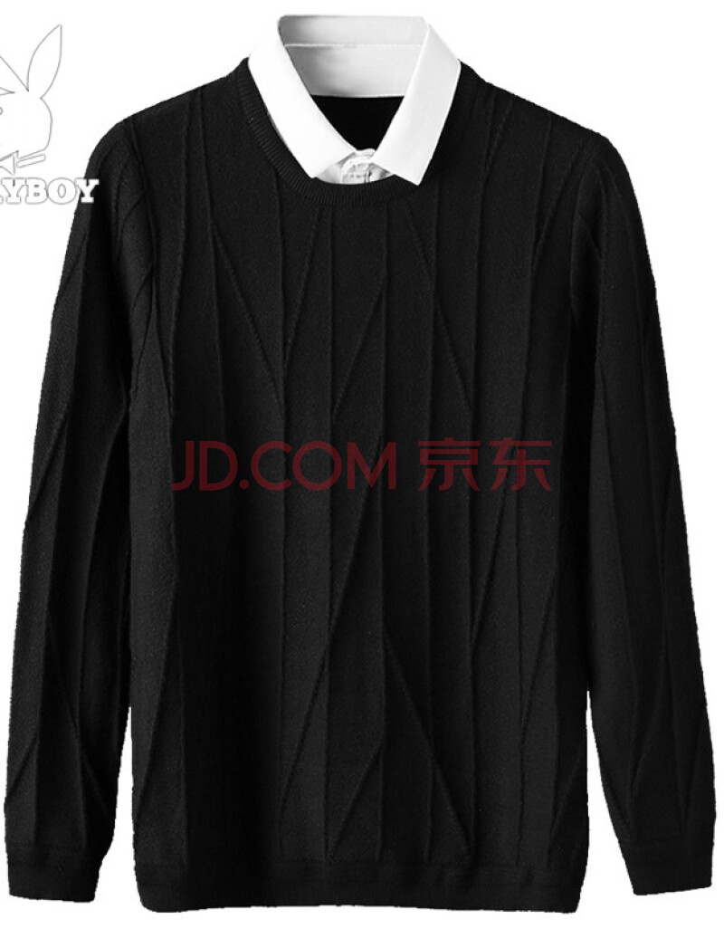冬季新款假两件毛衣男潮流韩版长袖衬衫领针织衫男生线衣潮加绒 黑色