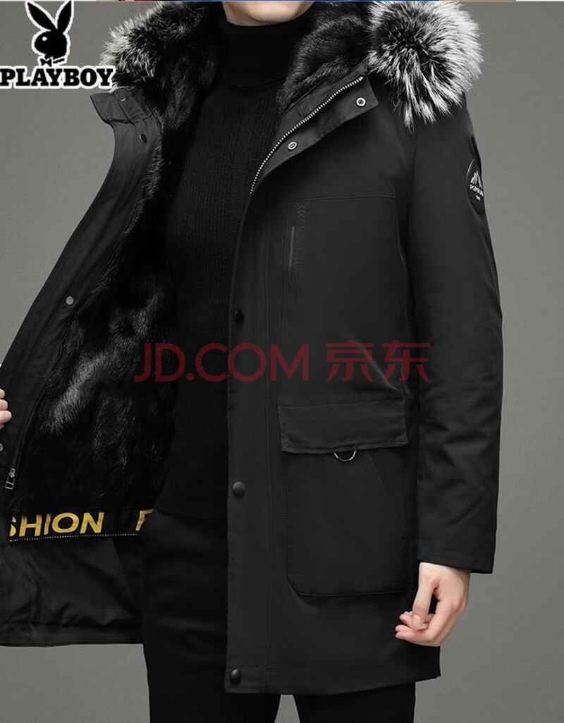 花花公子派克服男中长款男士卡貂绒内胆羽绒服皮草大衣皮毛一体男装