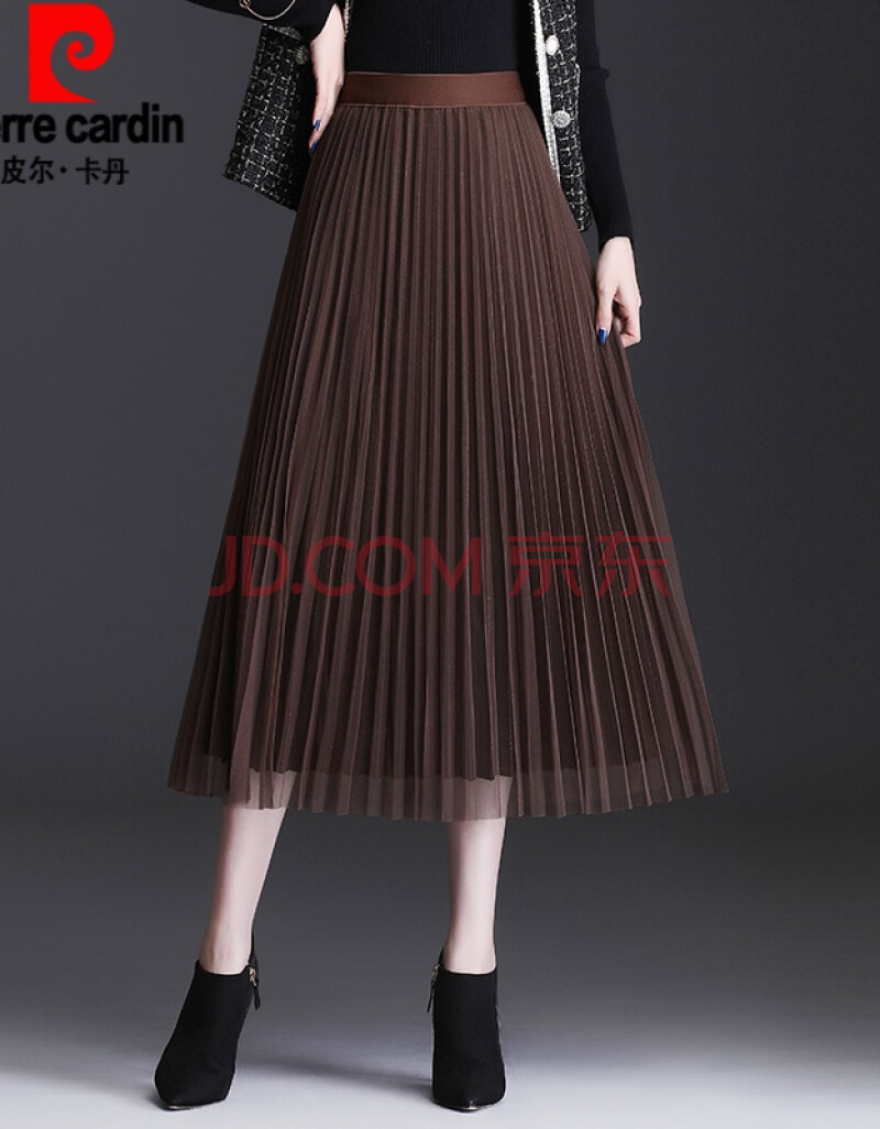 裙女秋冬季2021年新款中长a字百褶裙亮丝网纱裙子针织 咖啡色-网纱面