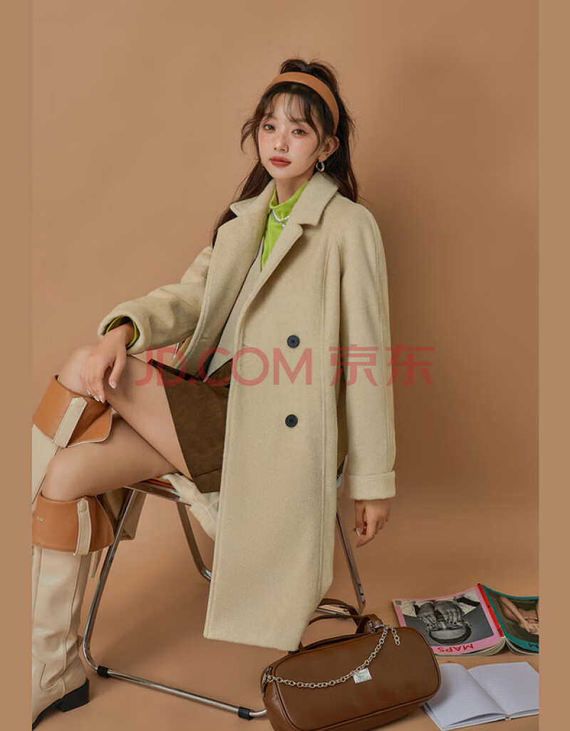 othermix纯色气质毛呢外套女年冬季新款双排扣简约高级感大衣杏色现货