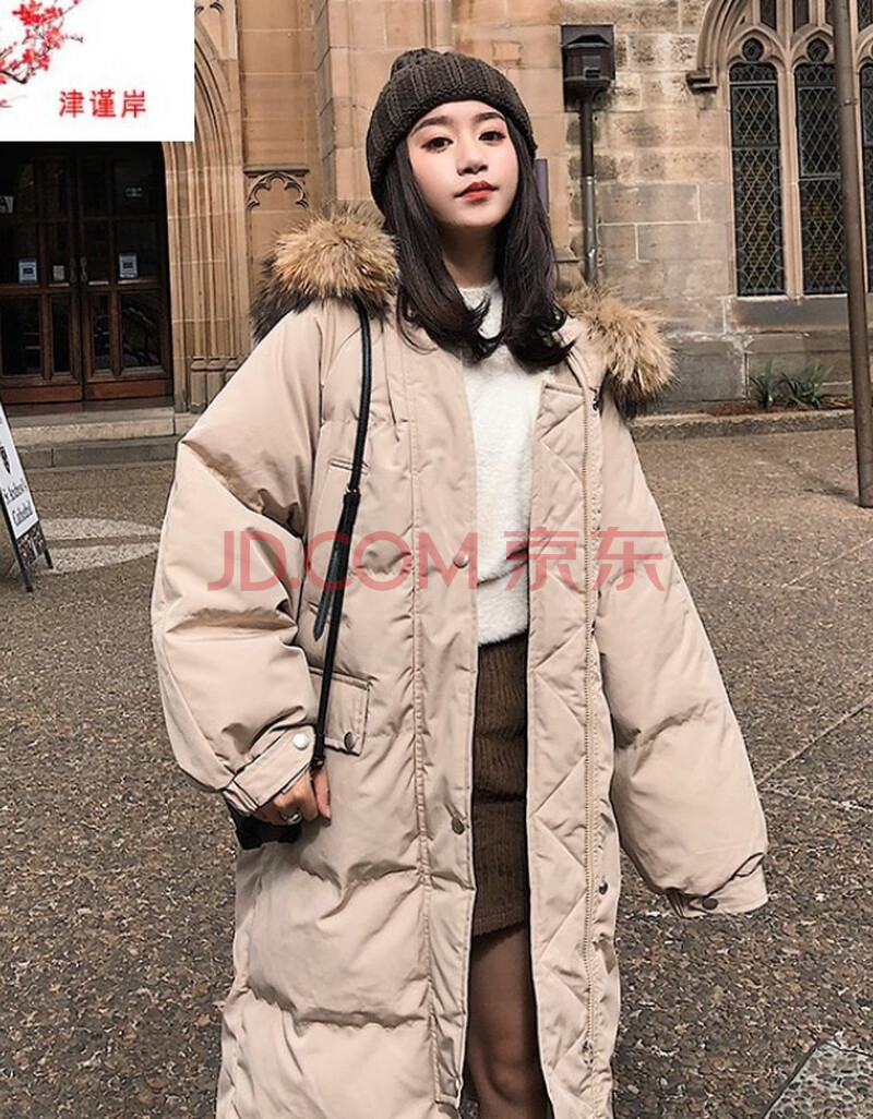 棉衣女中长款学生韩版新款加厚棉服棉袄外套宽松大毛领面包服 卡其色