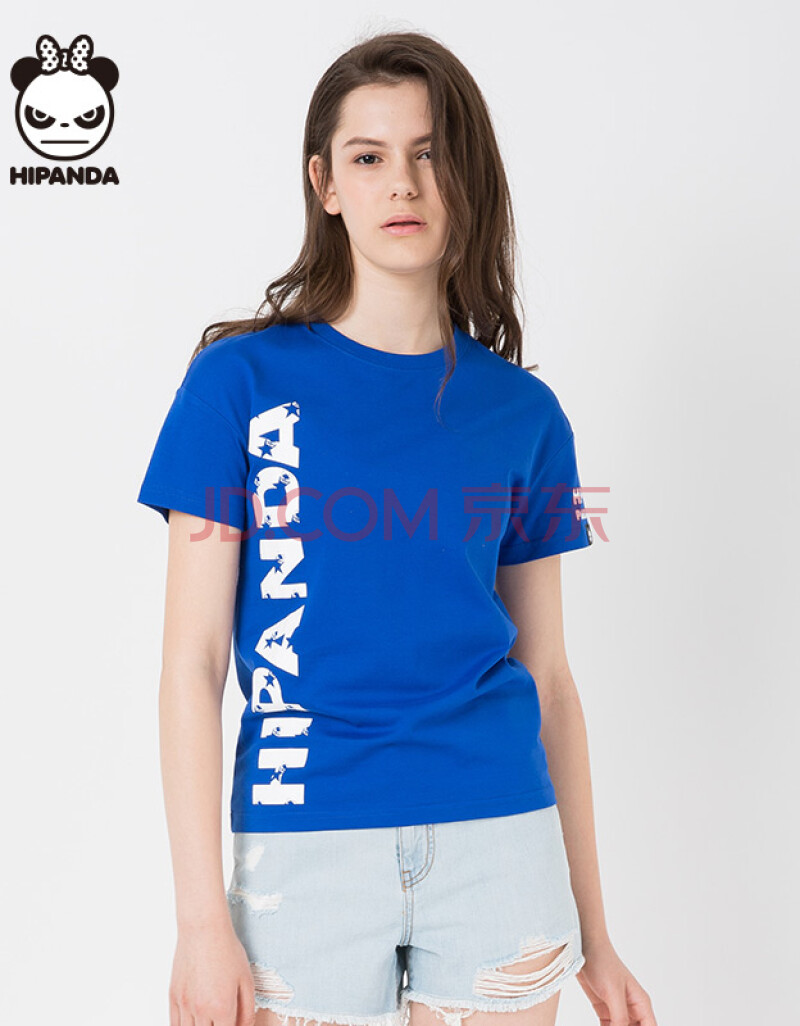 hipanda 你好熊猫 设计潮牌 女款 星星字母t恤 蓝色 155/s