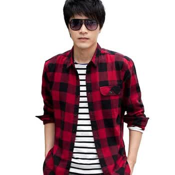 诠渡良品trenduality 春装新款 男士格纹休闲格子长袖衬衫81593 红黑格 XXL