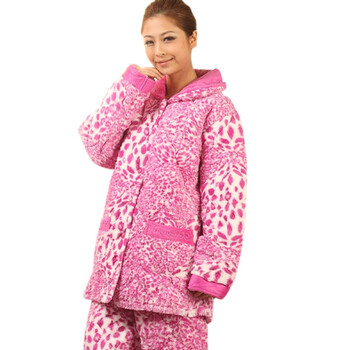 好家猫 冬日新款加厚渐变色豹纹女士套装家居服JFV6871 玫红 XL