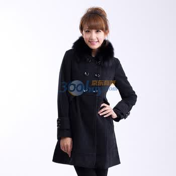 妮蕾迪 冬装新款女装优雅兔毛领修身毛呢大衣2658 黑色 XXL