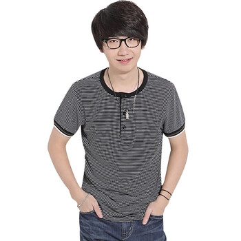 韩都衣舍 韩国2012夏装新款男装休闲条纹短袖T恤NV2051 黑色 XL