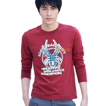 诠渡良品trenduality 秋季纯棉男士休闲运动长袖印花T恤#81718 酒红色 XL