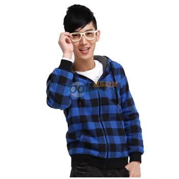 唐狮Tonlion男士格子连帽开衫卫衣111411034401 中蓝色 XL