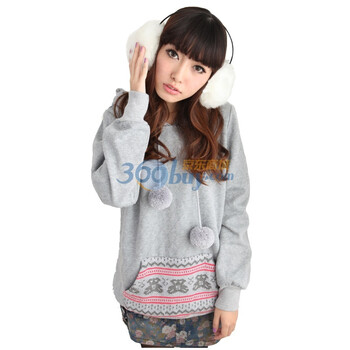 洛熙 RR 秋冬款韩版女带帽唯美提花套头抓绒卫衣1123026 浅灰色 XL