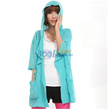 茵佳妮外套女装新品个性连帽系带薄款雪纺外套5113-1400007 青色 M