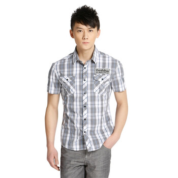 jackjones/杰克琼斯纯棉英伦格纹短袖衬衫V(灰)|211204069100 XXXL