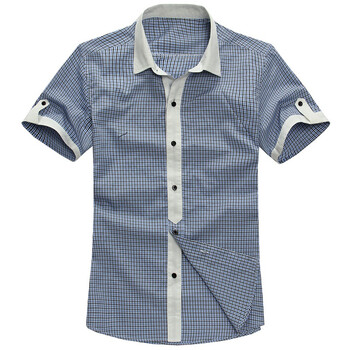 ATOPI 男装夏装薄款格纹短袖衬衫小格子休闲衬衫21009 天蓝色 XL