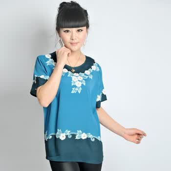 新橙美依中老年t恤真丝女装民族大码夏装中年时尚气质妈妈装短袖6182 蓝色 3XL