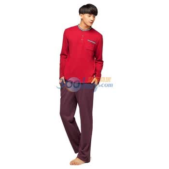 猫人风尚圆领排扣居家男套L032111 酒红色 XXXL
