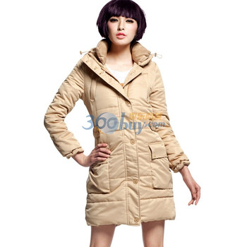 othermix 时尚冬季新款 加厚长款保暖连帽棉服 12V40045 卡其色 XL