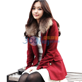 时尚起义 2012冬装韩国进口狐狸毛领毛呢外套 女569022 酒红色 M