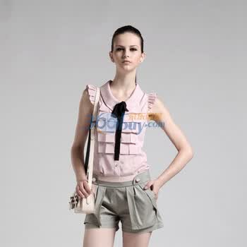 Aozi奥姿 新品韩版修身纯色翻领无袖蝴蝶结衬衫CS0047 粉色 XL