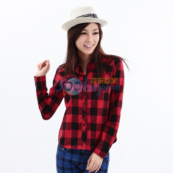以纯正品 女 秋 休闲格仔多色 长袖衬衫 10324181 原129 红色 XL