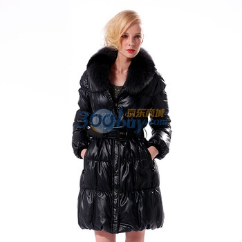 波司登羽绒服 女亮面狐狸毛领中长款 BR1902 黑色 185/104A(XXXL)