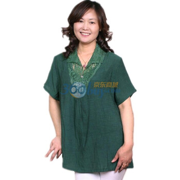 露西法兰 2012中老年女装夏装新款花边领棉麻短袖T恤 JS-花边领翻领 墨绿色 XXXXL