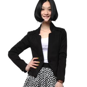 十衣素 春装韩版修身一粒扣短款长袖外套 L2935女装 黑小西装 黑色 XXL