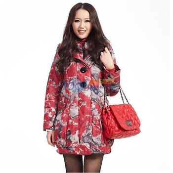 红迪丝 长款花色连帽棉服 HD40187 红色 XXL
