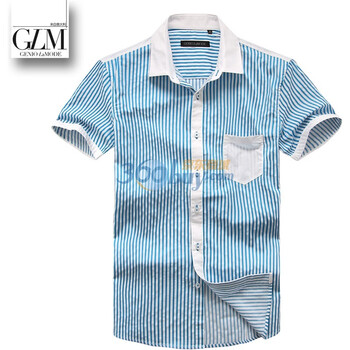 GLM男装尖领条纹明门襟短袖衬衫042021026 天蓝色 XL