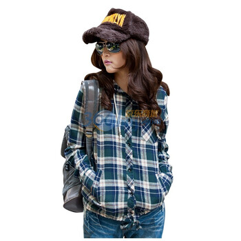 洛熙 RR 秋冬女装纯棉梭织长袖带帽格子衬衫开衫1124023 绿色 XL